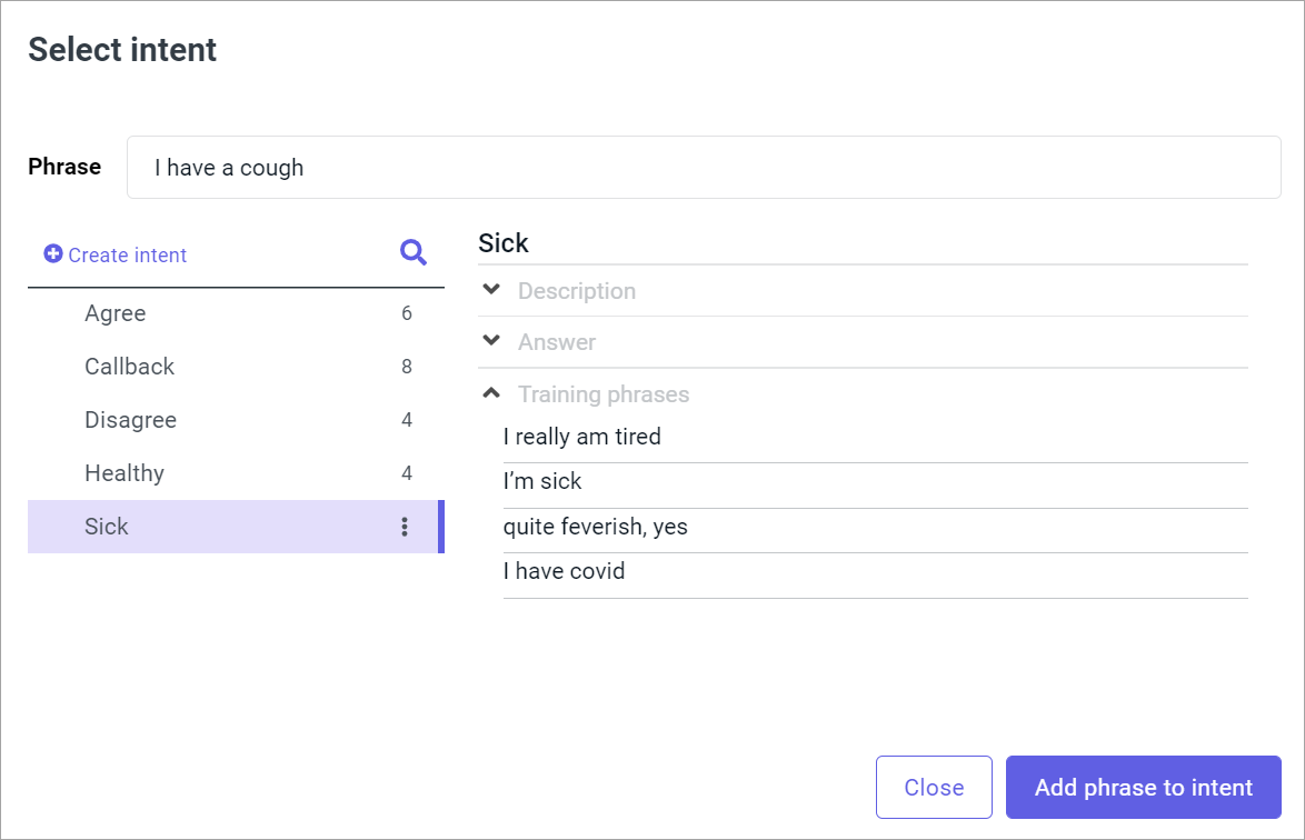 Adding a user phrase as an intent training phrase